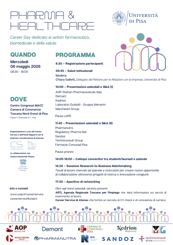 Locandina che presenta il programma del Career Day Pharma and Healthcare 2026 a Pisa.