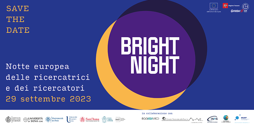 Logo del Bright Night, Notte dei ricercatori e delle ricercatrici in Toscana, rappresentante una luna piena con colori viola e blu