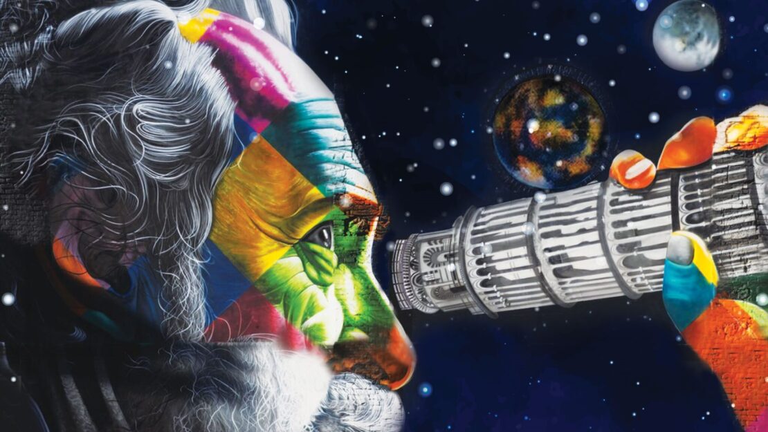 Locandina giornate galileiane: murale molto colorato di Galileo che guarda i pianeti con in mano un telescopio a forma di torre di Pisa