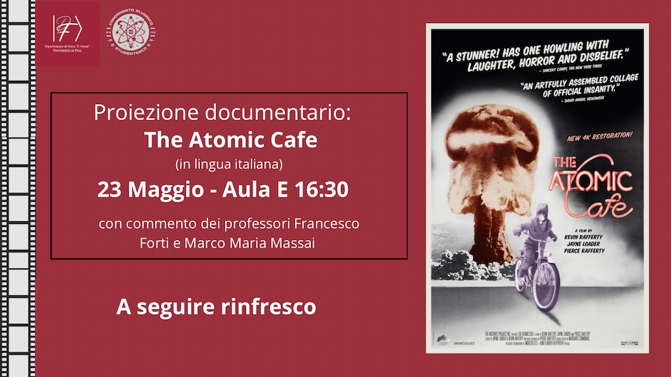 Locandina del documentario "Atomic Cafe". Un bambino in bicicletta corre per scappare a una nuvola di fuoco e fumo creata dall'esplosione di una bomba atomica.
