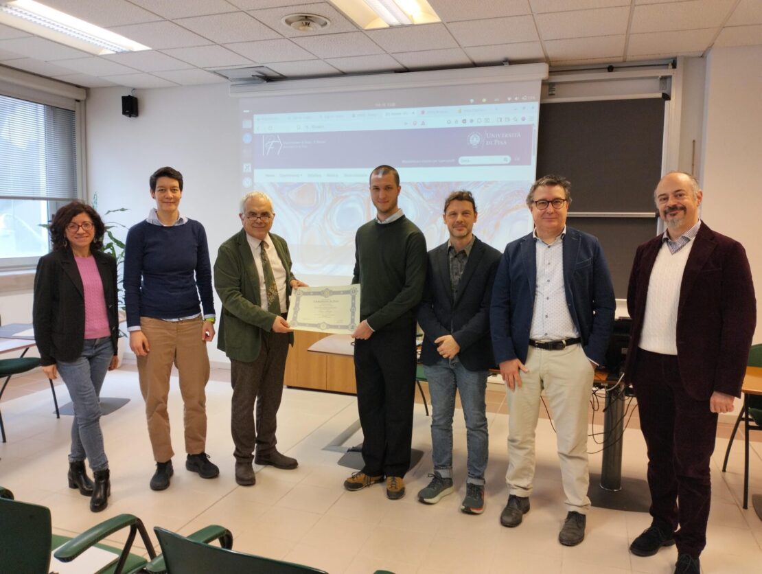 Momento di consegna del doppio titolo Mainz-Pisa al primo laureato, Lapo Moggi