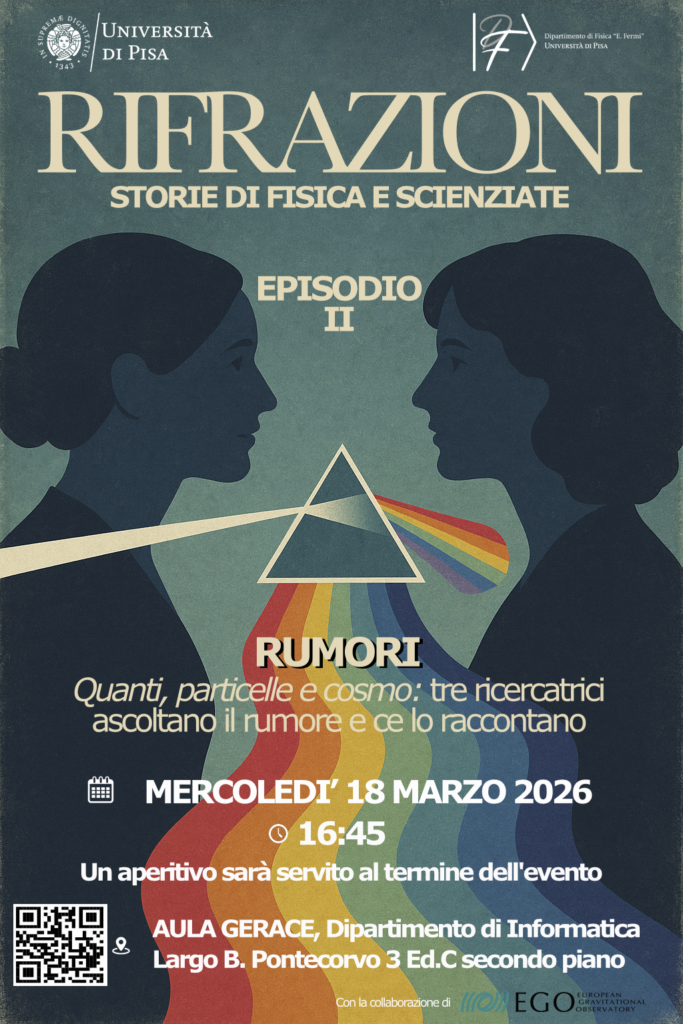 Locandina dell'evento "Refractions: storie di fisica e di scienziate" dedicato al ruolo del rumore, evento organizzato in collaborazione con il Dipartimento di Fisica dell'Università di Pisa