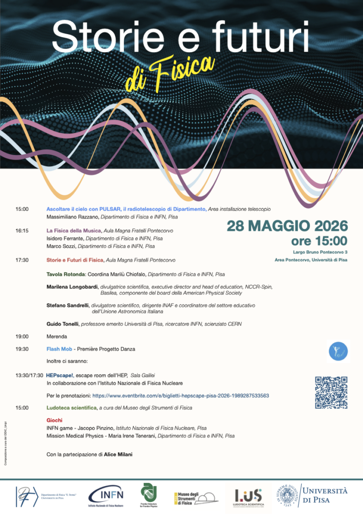 Locandina con il programma dell'evento "Storie e futuri di fisica", organizzato dal Dipartimento di Fisica dell'Università di Pisa.