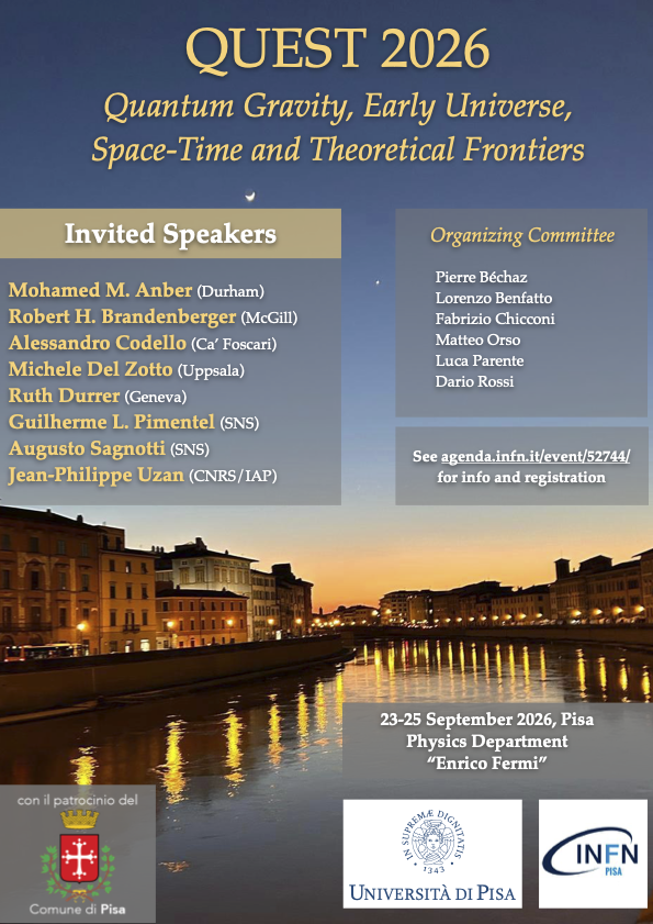 Locandina con il programma dell'evento QUEST 2026: Quantum Gravity, Early universe, Spaxe-Time and Theoretical fronters